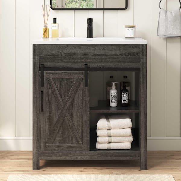 Timberly 31 in. Single Sink Gray Bath Vanity with White Engineered Solid Surface Top and Sliding Barn Door (Unassembled)