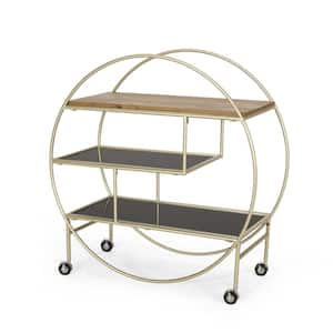 Mauhaut 36.5 in. Black, Gold, and Antique 3-Shelf Circular Bookcase with Wheels