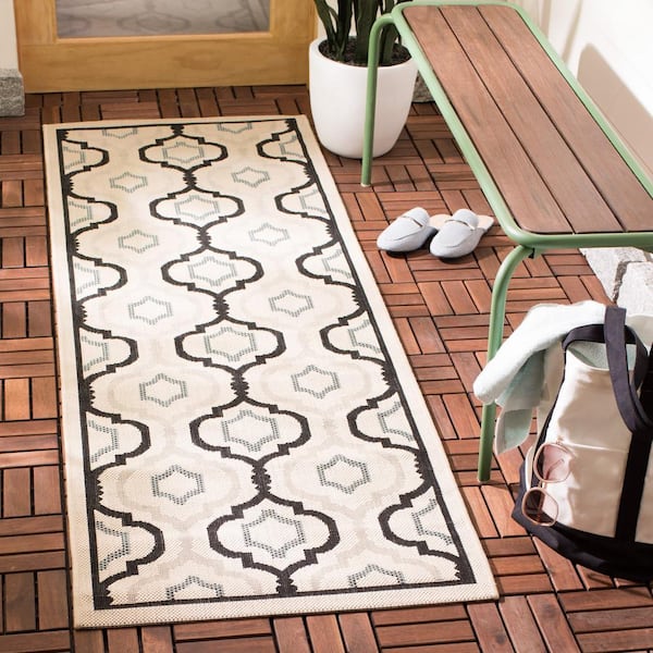 Courtyard Light Beige/Black 2 ft. x 14 ft. Geometric Indoor/Outdoor Patio  Runner Rug