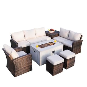 Greenland Brown 7-Piece Wicker Patio Conversation Set Firepits with Beige Cushions