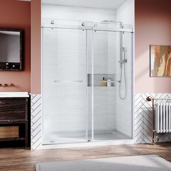 60 in. x 76 in. 2 Panel Chrome Painted Composite Sliding Door with Stainless Steel Hardware