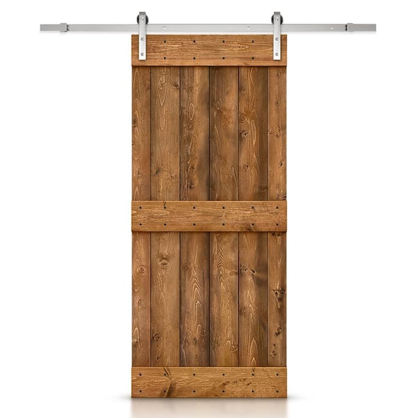 CALHOME 36 in. x 84 in. Mid-Bar Walnut Stain Knotty Pine Wood Interior Sliding Barn Door With Hardware Kit