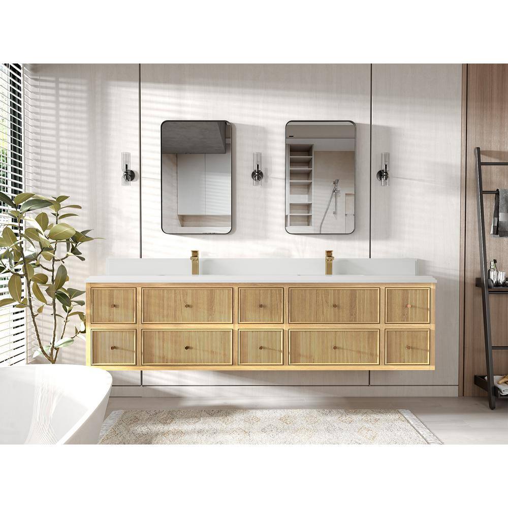 Sonoma 84'' Light Natural Teak Double Floating Vanity with Quartz Top