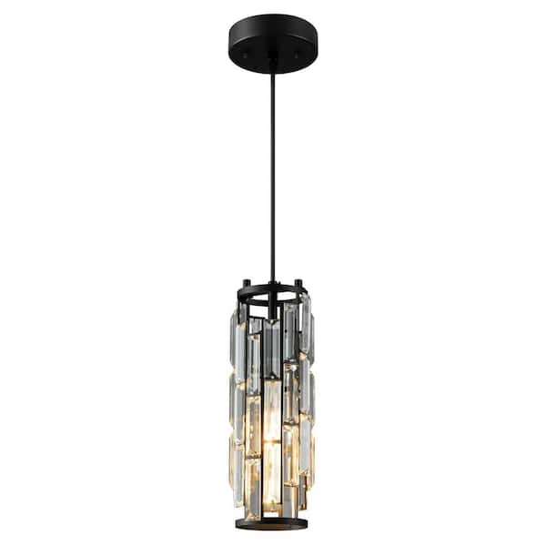 YANSUN 1-Light Black Modern Mini Cylinder Pendant Light Transitional Crystal Pendant Ceiling Light