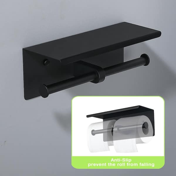 Bath Wall-Mount Double Post Toilet Paper Holder Shelf Non-Slip Tissue Roll Holder in Matte Black(2 Pack)
