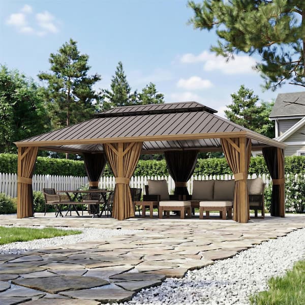14 ft. x 22 ft. Double Roof Hardtop Aluminum Patio Gazebo with Netting and Brown Curtains