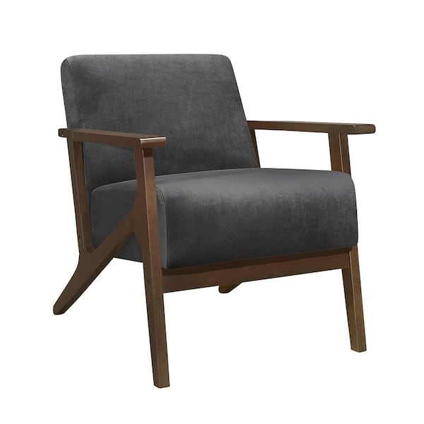 Lazzara Malibu Dark Gray Velvet Upholstery Solid Wood Walnut Finish Accent Chair