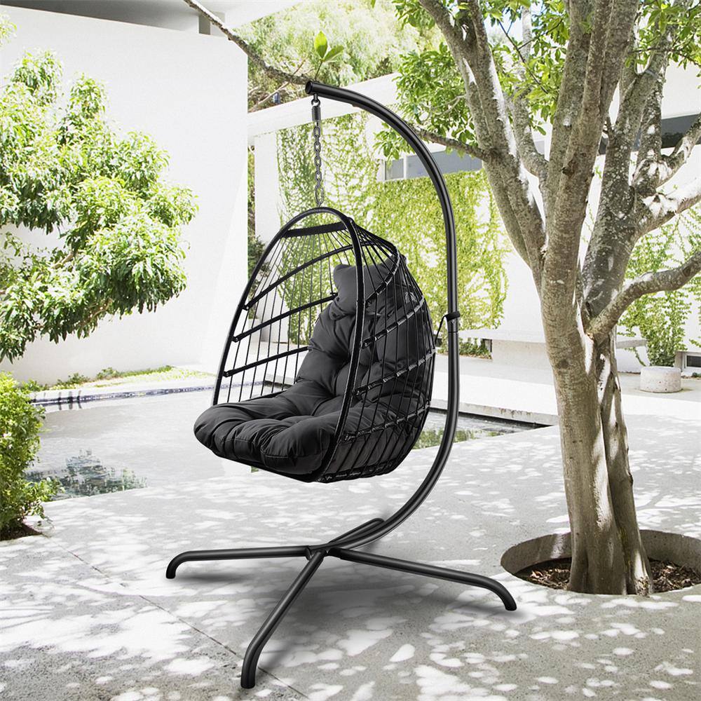 Afoxsos 38 in. Wicker Patio Swing Egg Chair with Black Cushion, Pillow and  C Type Bracket, Patio Folding Hanging Chair HDMX604 - The Home Depot