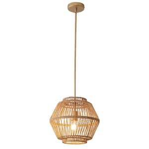 1-Light Gold Drum Hanging Pendant Light with Brown Paper Rattan Shaded for Kitchen Island, No Bulbs Included