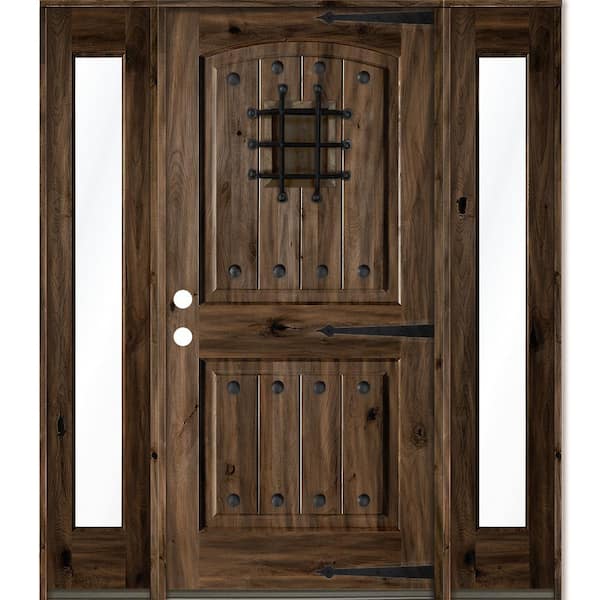 60 in. x 80 in. Mediterranean Knotty Alder Right-Hand/Inswing Clear Glass Black Stain Wood Prehung Front Door w/DFSL