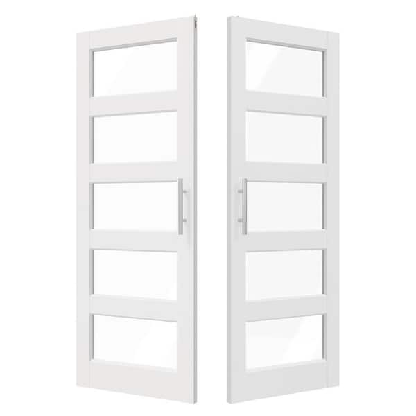 64 in. x 80 in. Solid Wood & MDF, 5 Lite, Clear Glass White, Pantry Door Interior Door Slab With Ball Catch & Top Latch