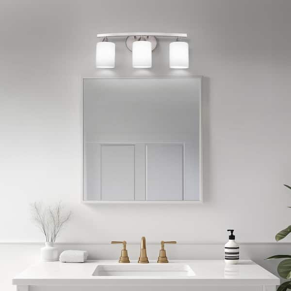 22 in. 3-Light Nickel Modern Cylinder Vanity Light for Bathroom or Bedroom with Curved Arms and Milk White Glass Shades