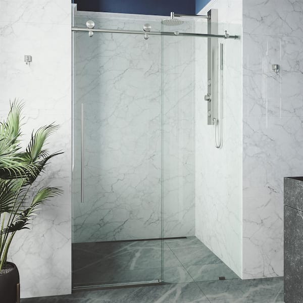 VIGO Elan E-Class 56 to 60 in. W x 76 in. H Frameless Sliding Shower Door in Stainless Steel with 3/8 in. Clear Glass