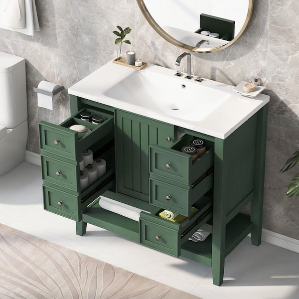 36 in. Single Sink Freestanding Green Bath Vanity with White Ceramic Top