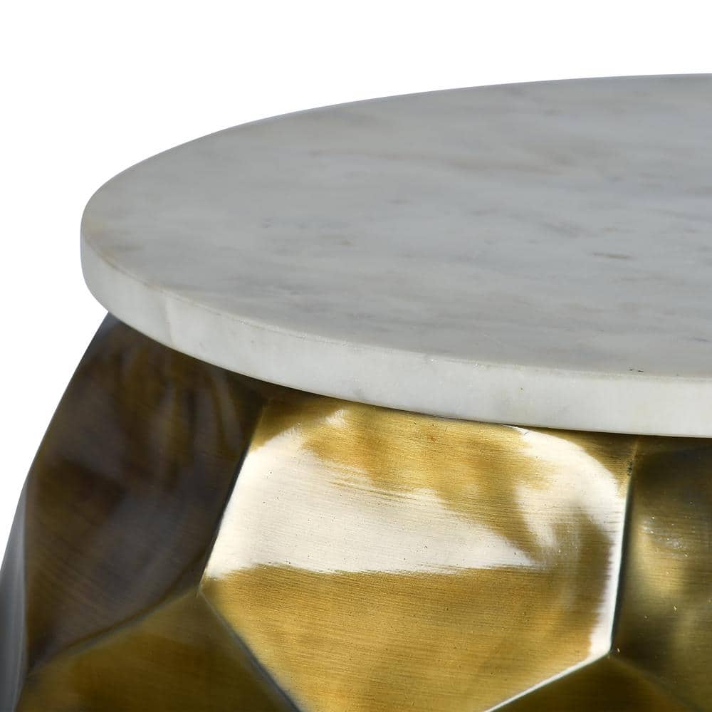 Brass and White Marble Round End Table with Textured Base