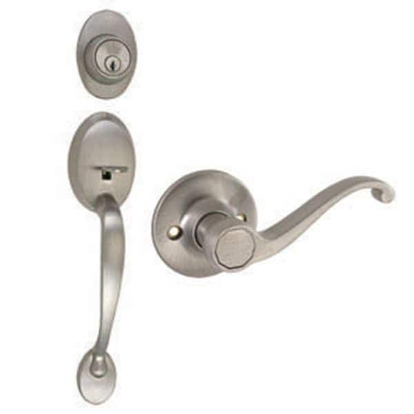Design House Coventry Satin Nickel Door Handleset with Single Cylinder Deadbolt, Scroll Lever Interior and Universal 6-Way Latch