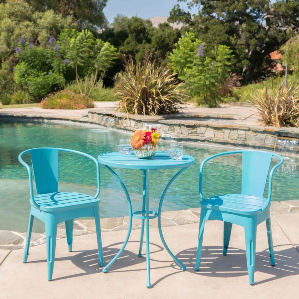 3-Piece Iron Outdoor Patio Bistro Set with 24.2 in. Blue Round Slat Table and 2 Stackable Chairs in Blue price history on PriceWatchPro