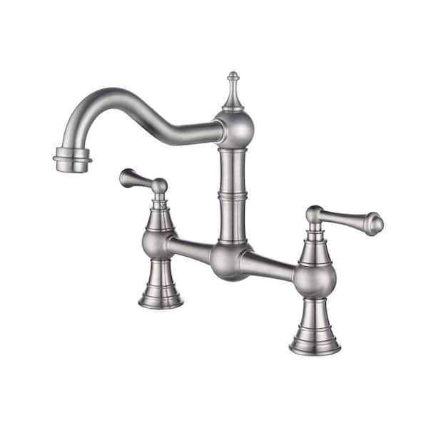 Double Handle Solid Brass Widespread Bridge Kitchen Faucet with 180° Spout Swivel in Brushed Nickel