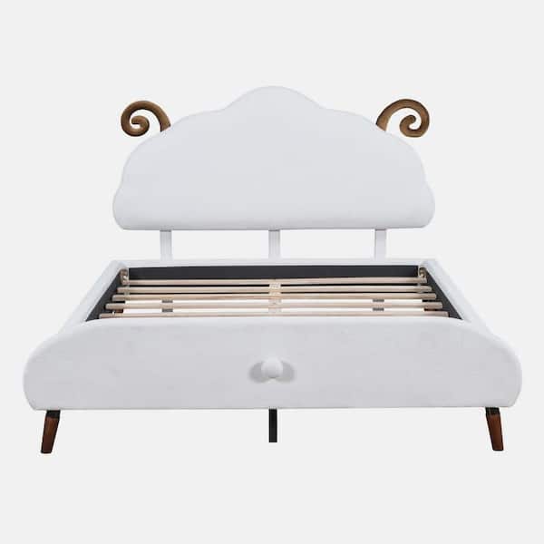 wetiny White Plywood Frame Full Size Upholstered Platform Bed with Sheep-Shaped Headboard