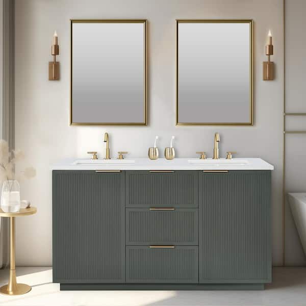 SUDIO Addison 60 in. W Bath Vanity in Vintage Green with Engineered Stone Top Ariston White with White Sinks