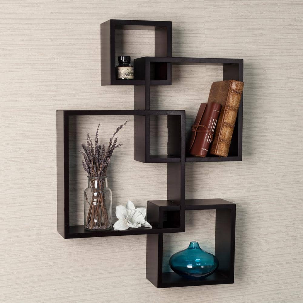 Espresso Wood Floating Cube Wall Shelf, 4-Shelf Unit