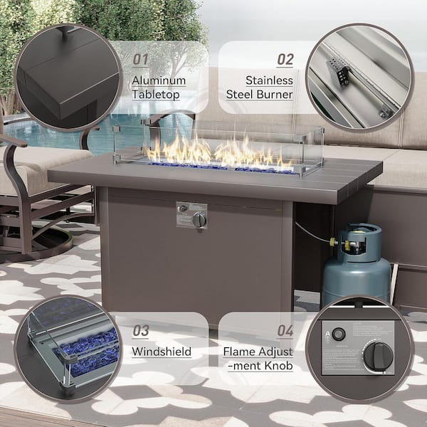 5-Piece Aluminum Patio Fire Pit Sectional Seating Set with armrest, Swivel Rocking Chairs,coffee table and Sand Cushions