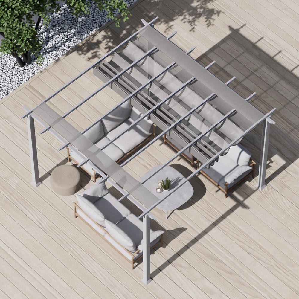 White Aluminum Pergola with Adjustable Silver Canopy, 11' x 11'