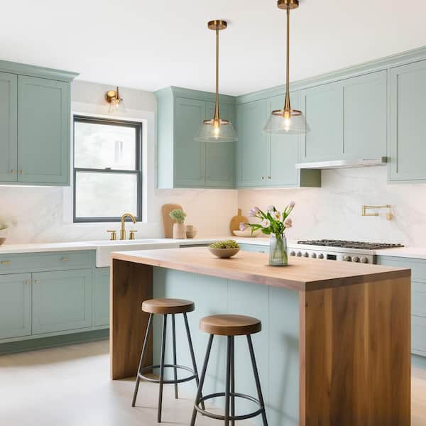 Quoridan Brass Modern Drum Kitchen Pendant Light with Seeded Glass Modern 1-Light Living Dining Room Island Chandelier