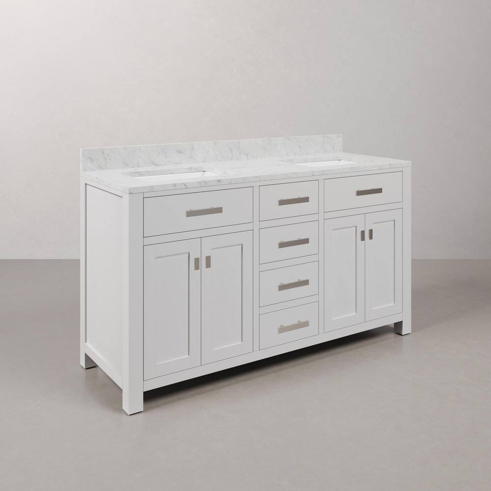 Madison 60" White Marble Double Sink Bathroom Vanity with Mirror