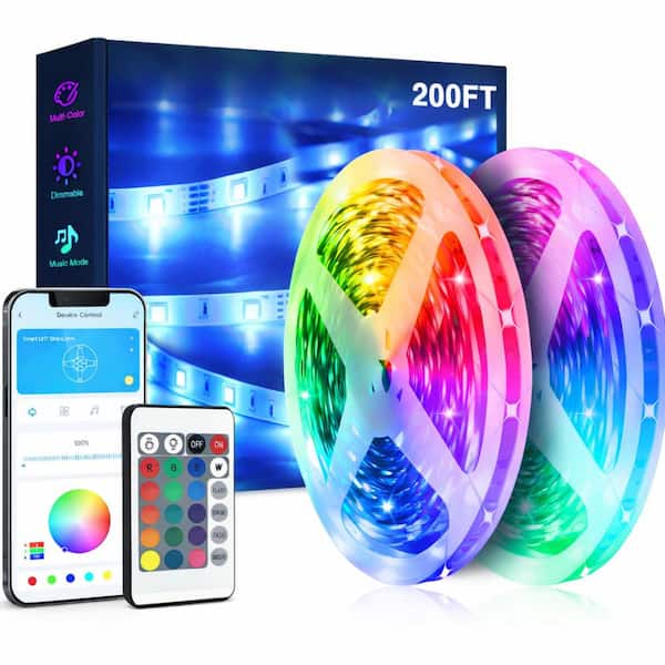 200 ft. Integrated LED RGB Multicolor Strip Light Fixture with App Control, Remote, Music Sync (2-Rolls of 100 ft.)