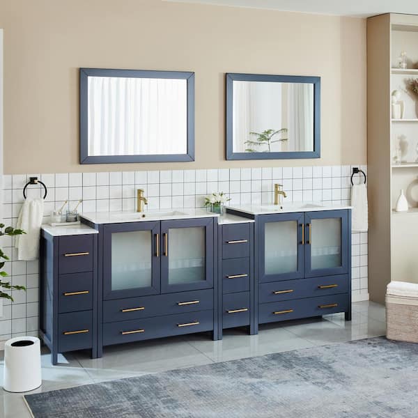 Brescia 96 in. W x 18 in. D x 36 in. H Double Sink Bathroom Vanity in Blue with White Ceramic Top and Mirrors