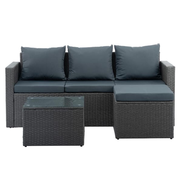 Siavonce Wicker Outdoor Couch Sectional Set with Dark Gray Cushions, Patio 3 Set Furniture With Tempered Glass Coffee Tablew