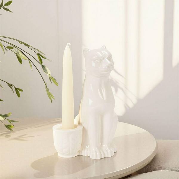 Storied Home White Stoneware Leopard Taper Candle Holder DG2055