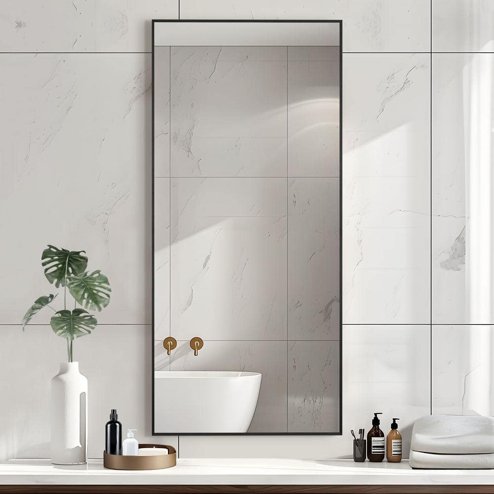 22 in. W x 47 in. H Rectangular Metal Framed Bathroom Wall Mirror in Black
