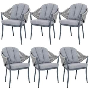 Grey Aluminum Frame Rope Woven Outdoor Patio Dining Chair with Gray Cushions (6-Pack)