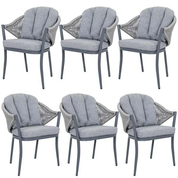 Grey Aluminum Frame Rope Woven Outdoor Patio Dining Chair with Gray Cushions (6-Pack)