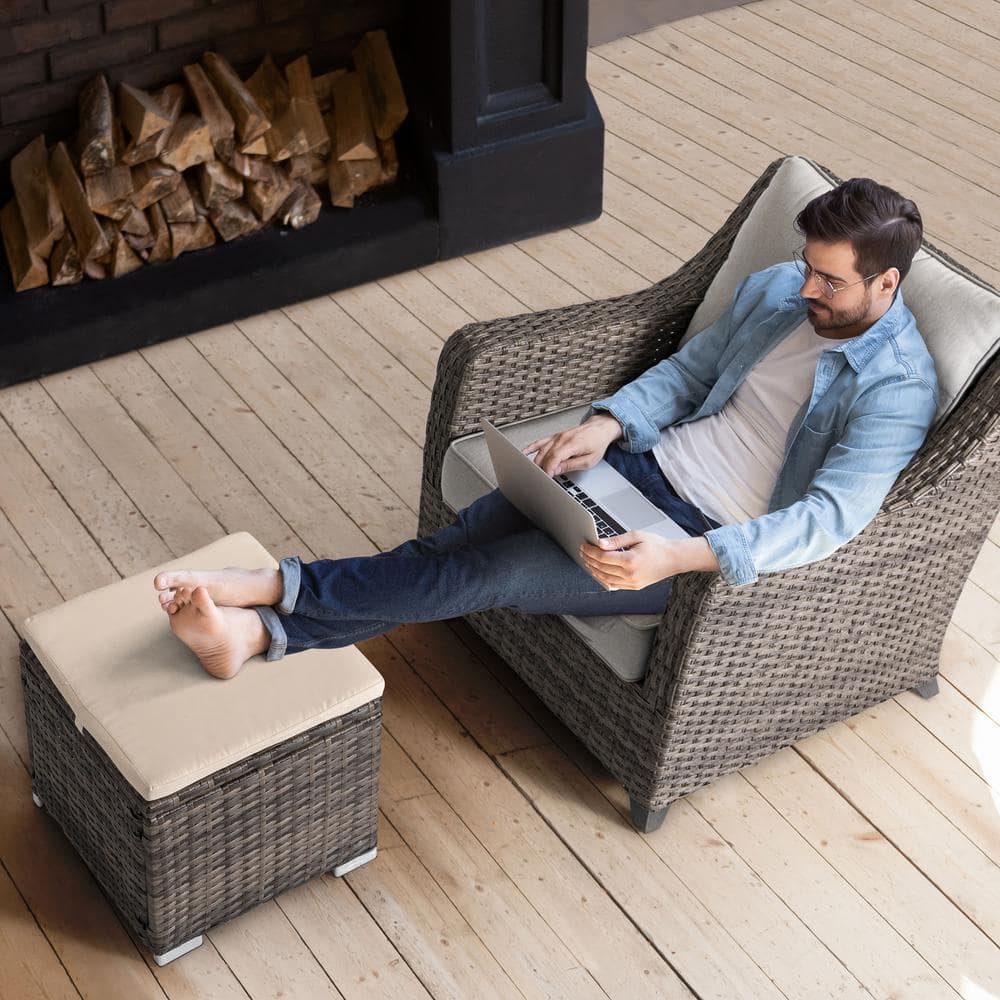 Brown and Beige Wicker Outdoor Storage Ottoman with Cushion