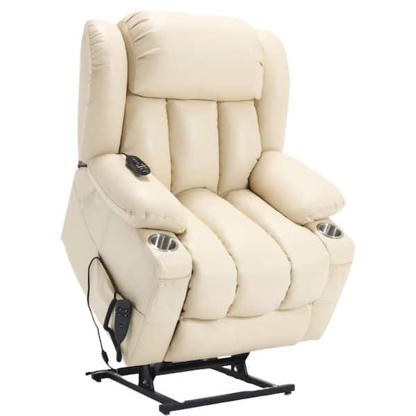 aisword Beige Elegant Dual Motor Faux Leather Power Lift Recliner Chair with Massage and Heating, Cup Holders