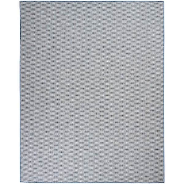 Courtyard Ivory Blue 9 ft. x 12 ft. Geometric Contemporary Indoor/Outdoor Patio Area Rug