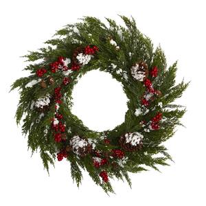 28 in. Frosted Cypress with Berries and Pine Cones Artificial Wreath