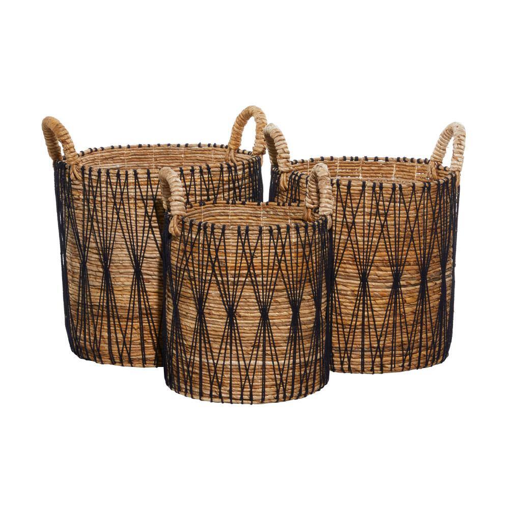 Handmade Brown and Black Banana Leaf Storage Baskets with Handles, Set of 3
