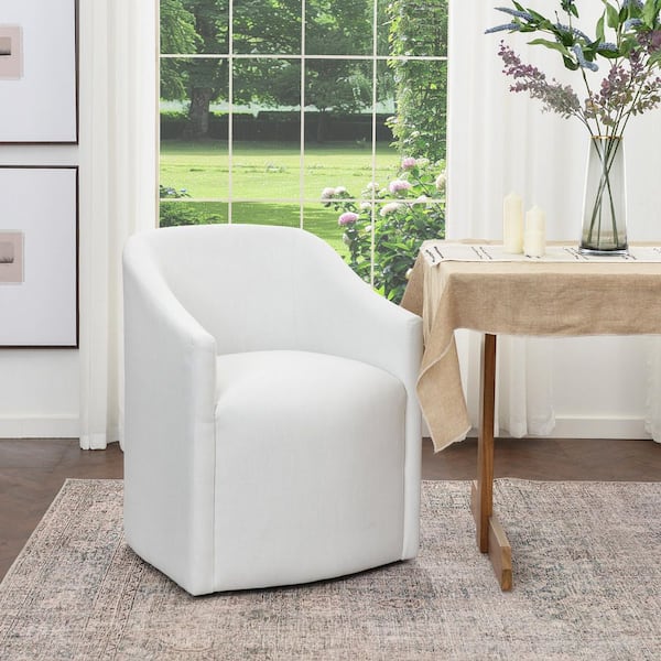 Ivory Performance Fabric Upholstered Barrel Back Rolling Dining Armchair