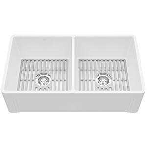 Matte Stone White Composite 33 in. Double Bowl Farmhouse Apron-Front Kitchen Sink with Strainers and Silicone Grids