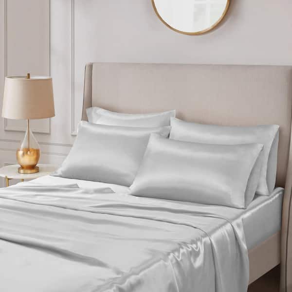 Madison Park Satin 6-Piece Light Grey Solid Polyester Queen Luxury Sheet Set