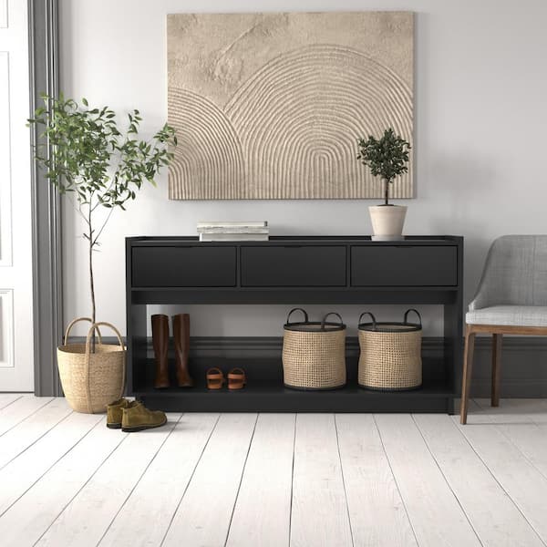 Prepac Simply Modern 15.75 in. Black Rectangle Engineered Wood Top Entryway Console Table with 3-Drawers