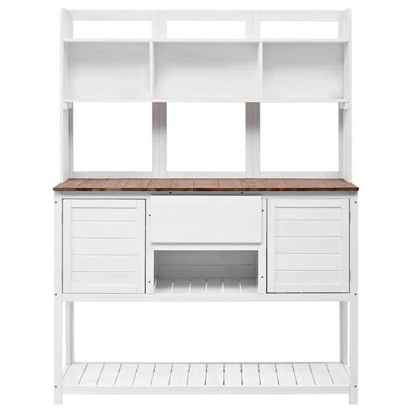 Sudzendf White Solid Fir Wood Potting Bench Garden Workstation with Hutch, Drawer and Adjustable Shelves for Backyard Planting
