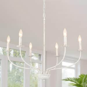 6-Light Distressed White Vintage Candle Chandelier Light for Dining Room Bedroom Kitchen