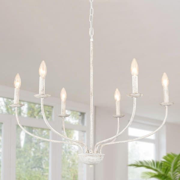 LWYTJO 6-Light Distressed White Vintage Candle Chandelier Light for Dining Room Bedroom Kitchen
