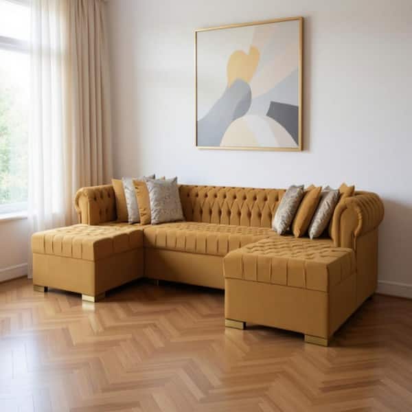 136.00 in. Square Arm 3 piece Velvet U-Shaped Sectional Sofa in. Yellow