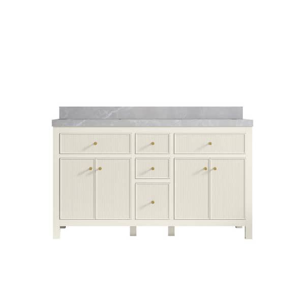 Willow Collections Sonoma 60 in. Double Sink Freestanding Alabaster Bath Vanity with Pearl Gray Quartz Top Unassembled